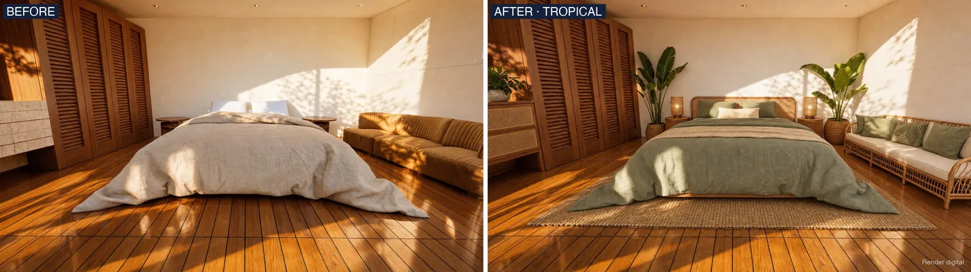 Before and after render of a cabin renovated in a tropical style