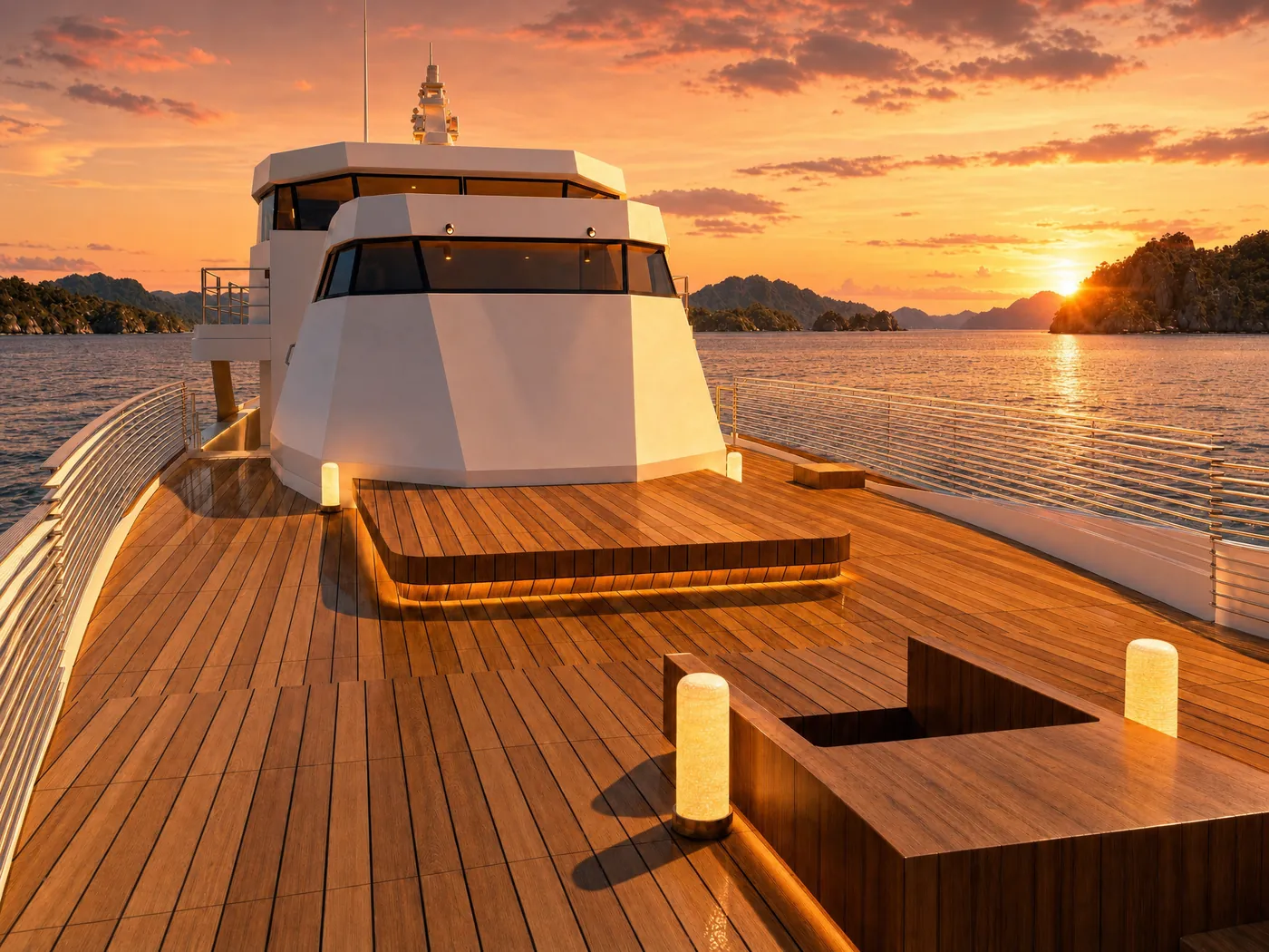 Photoreal render of a yacht foredeck at dusk, built from the real plans